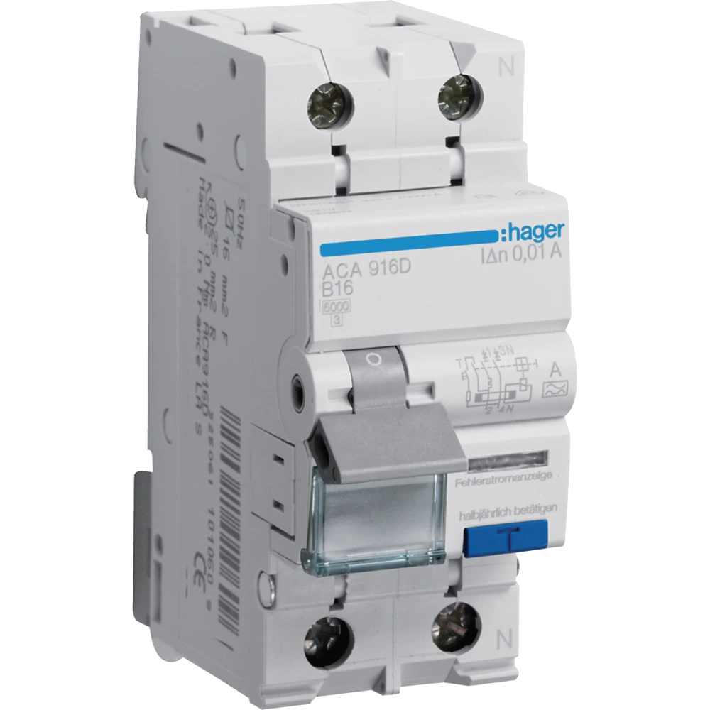 Дифавтомат 1P+N 6kA B-16A 10mA A · Hager ACA916D