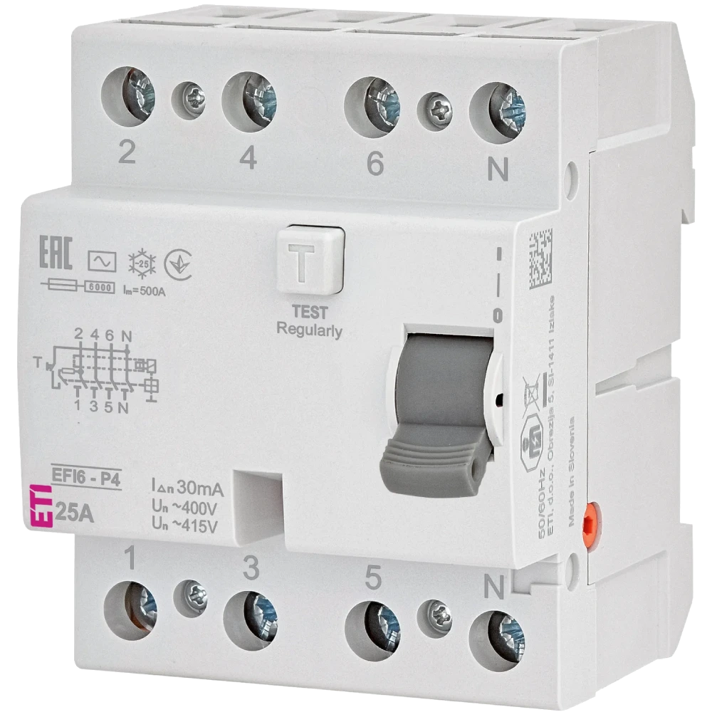 Реле диференційне (ПЗВ) · ЕТІ 4р EFI6-P4 25/0,03 тип AC (6kA)