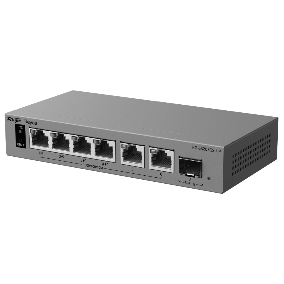 Комутатор 6 портів керований хмарно · Ruijie RG-ES207GS-HP PoE