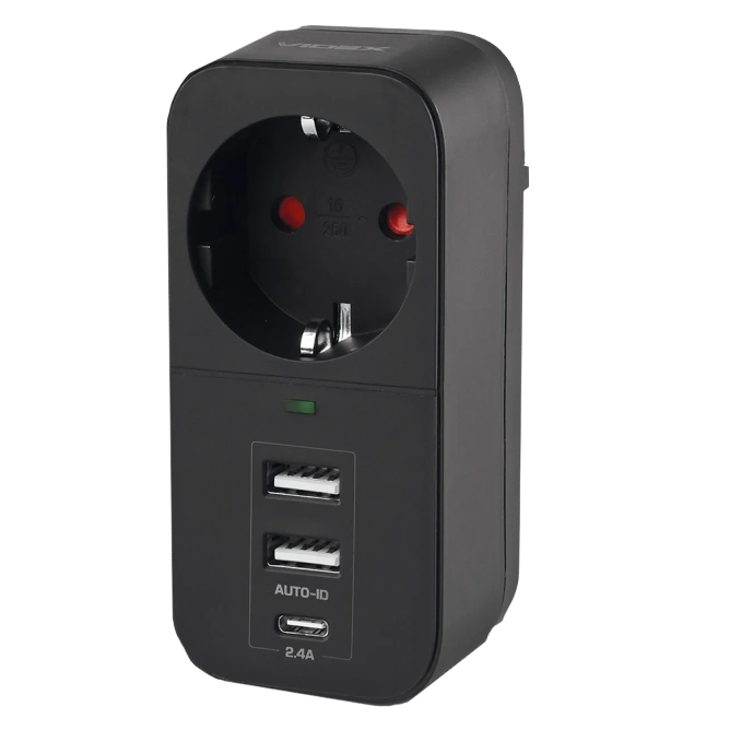 Мережевий адаптер з заземленням · VIDEX ONCORD з/з 1п 2.4A 2USB+USB-C Black