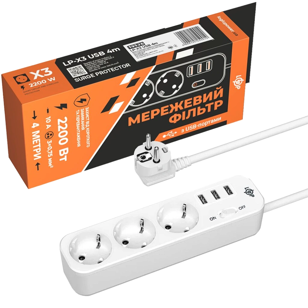 Подовжувач мережевий (фільтр) · PREMIUM LP-X3-USB-4