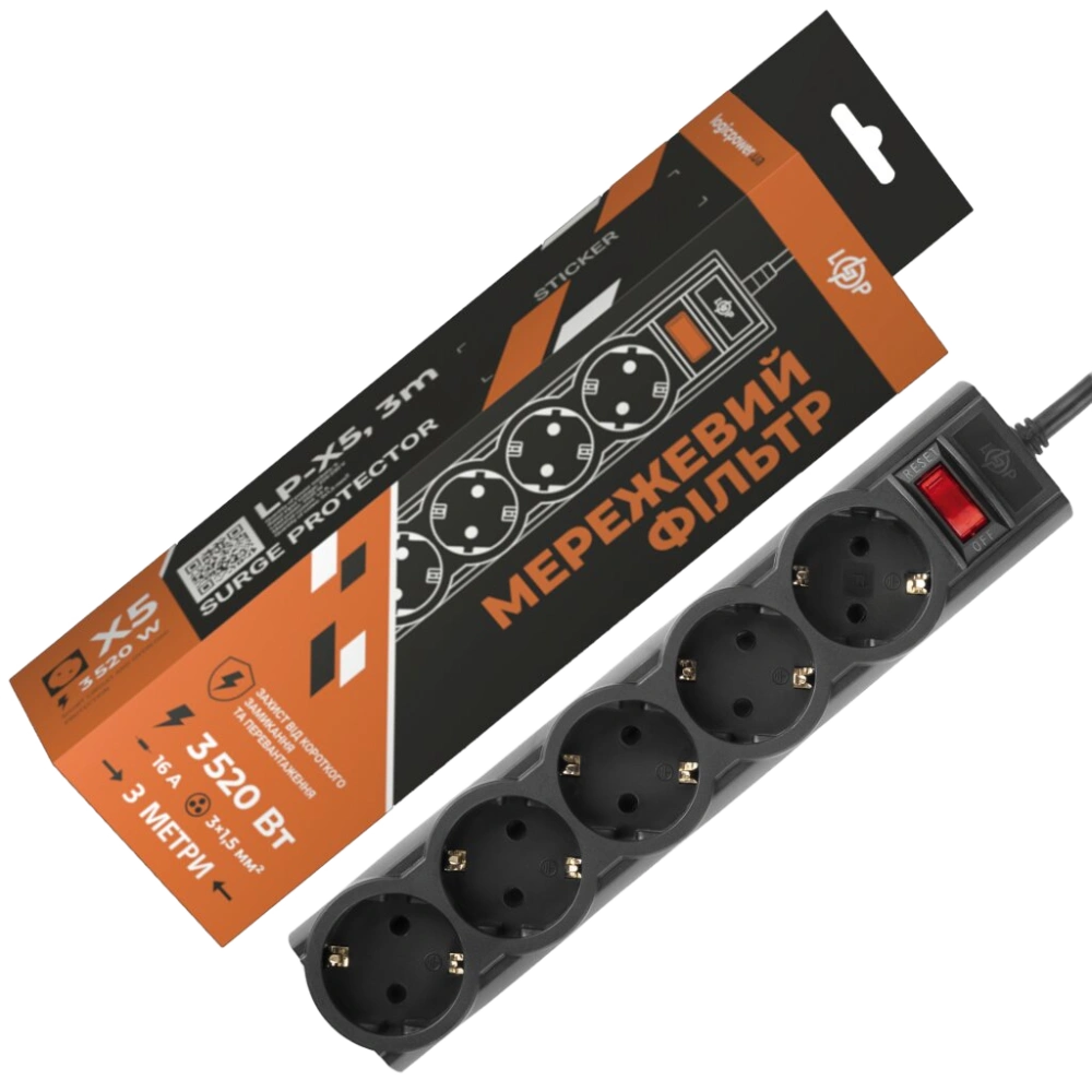 Подовжувач мережевий (фільтр) · PREMIUM LP-X5-3 Black