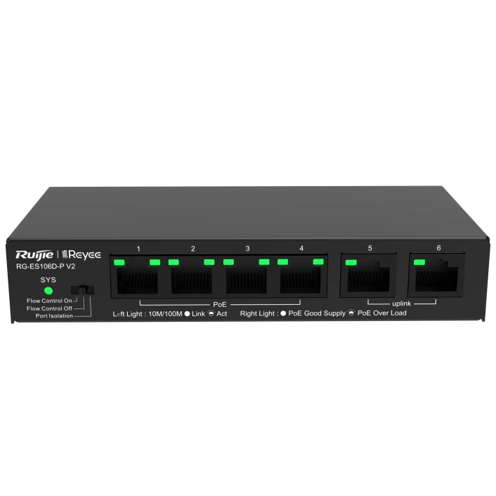 Комутатор 6 портів некерований · Ruijie Reyee RG-ES106D-P V2 PoE