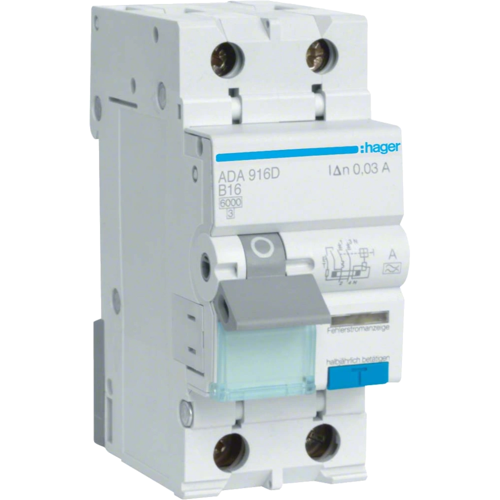 Дифавтомат 1P+N, 6kA, B-16A, 30mA, A · Hager ADA916D
