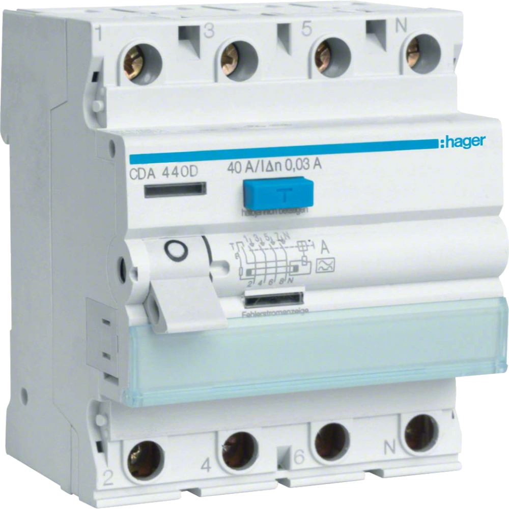 Диференціальне реле 4P, 6kA, 40A, 30mA, A · Hager CDA440D