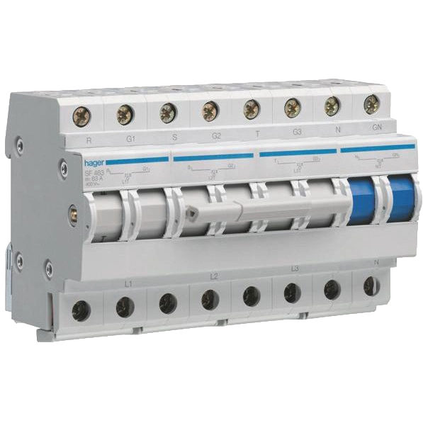 Перемикач вводу резерва · Hager SF463 400В/63A, 3+N, 8м