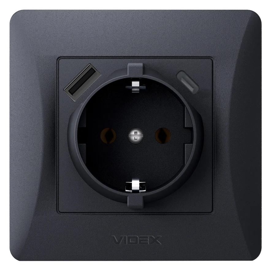 Розетка одинарна із заземленням з USB+USB-C чорний графіт · VIDEX BINERA