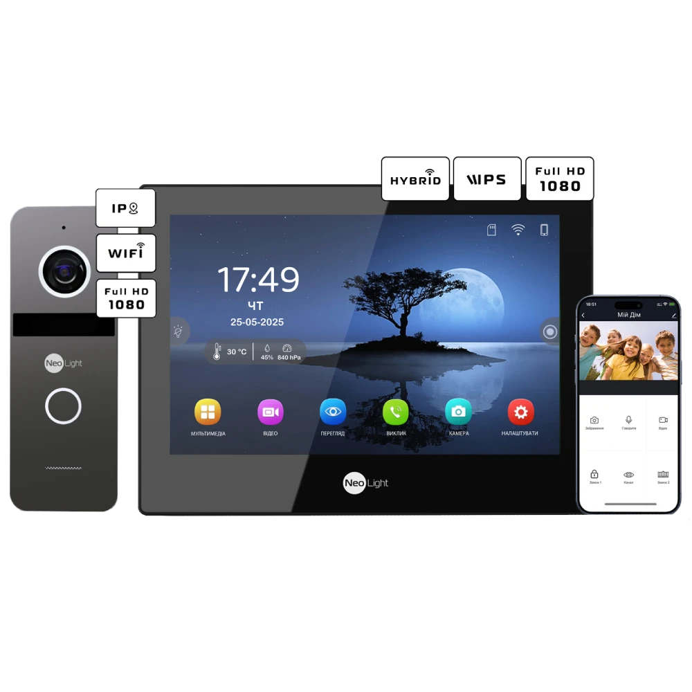 Комплект відеодомофону · Neolight ALPHA Hybrid Black + SOLO IPW Graphite з кутком, PoE адаптер для панелі виклику