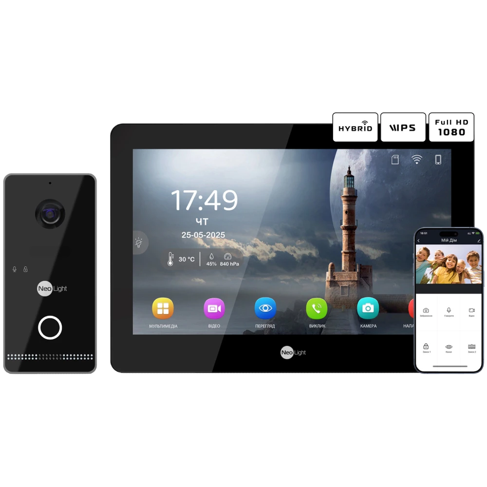 Комплект відеодомофону · Neolight MEZZO Hybrid Black + OPTIMA IPW Black