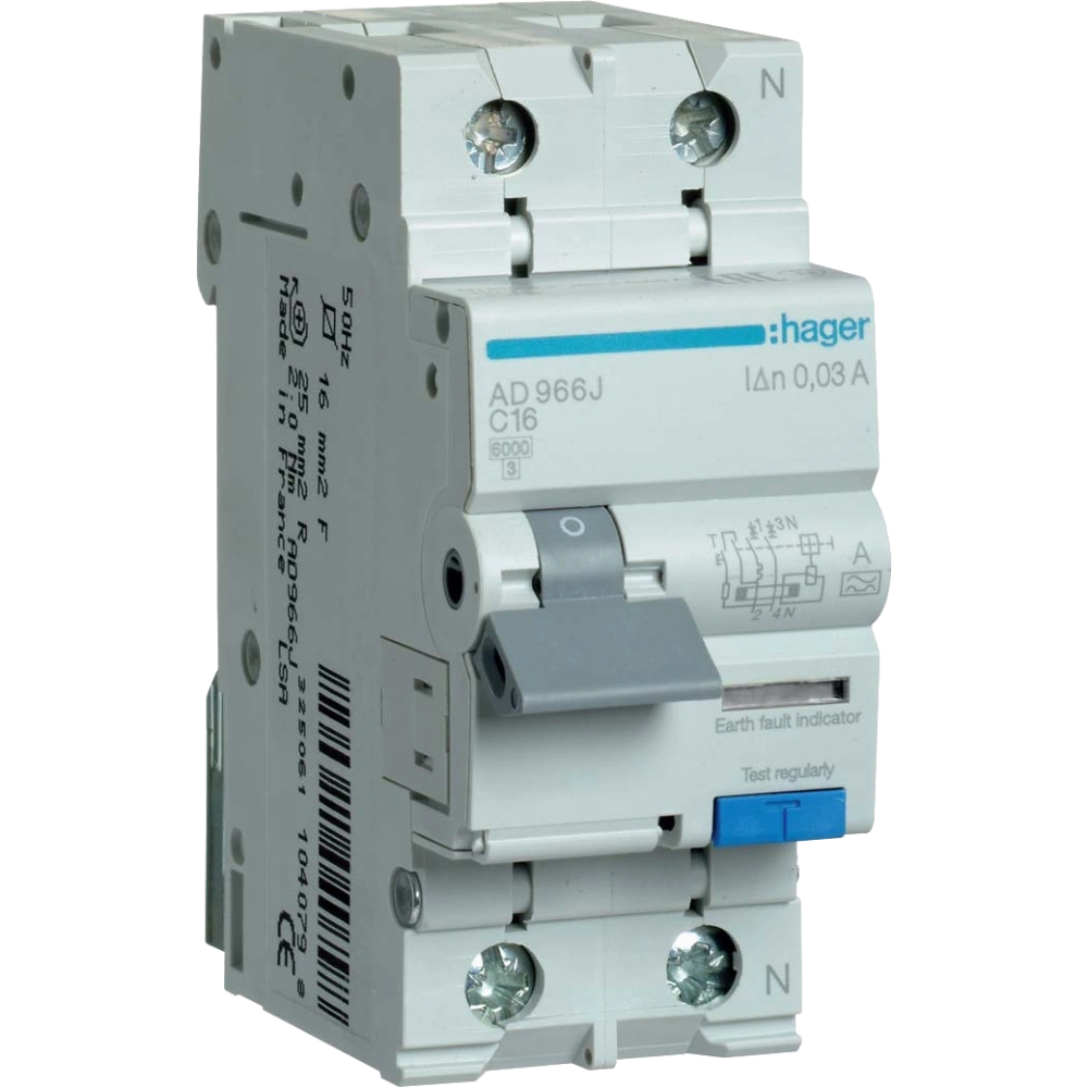 Дифавтомат · Hager 1+N С16/30mA 6кА, тип-A AD966J