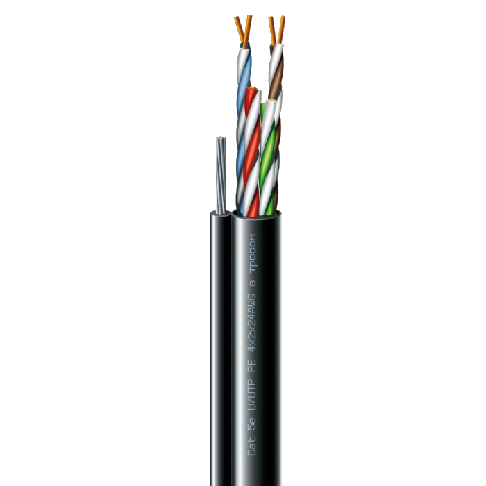 Кабель кручена пара ЗЗКМ (UTP мідь вуличний з тросом) · Cat. 5e U/UTP РЕ steel cord 4x2x24 AWG (k) трос (70910181) бухта 305м