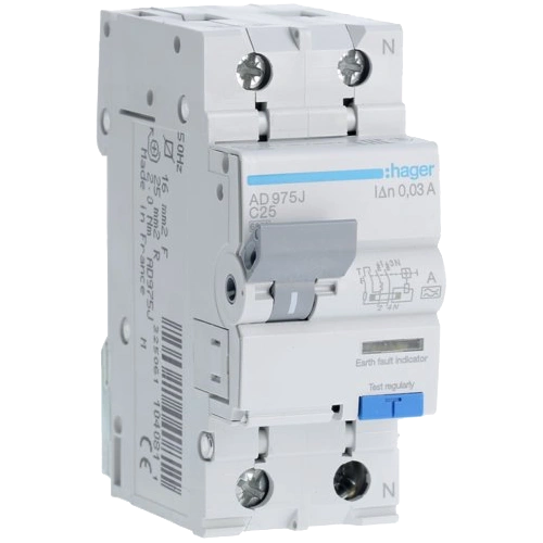 Дифавтомат · Hager 1+N С25/30mA 6кА, тип-A AD975J